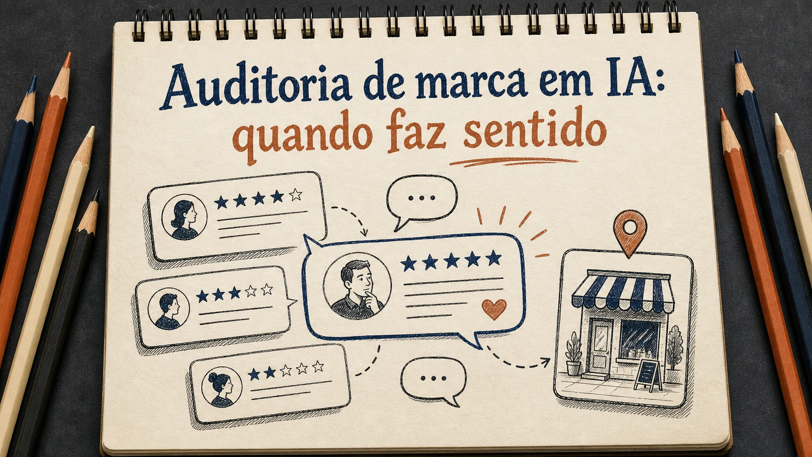 Auditoria de marca em IA em uma cena editorial sobre diagnóstico, escolha e próximos passos.