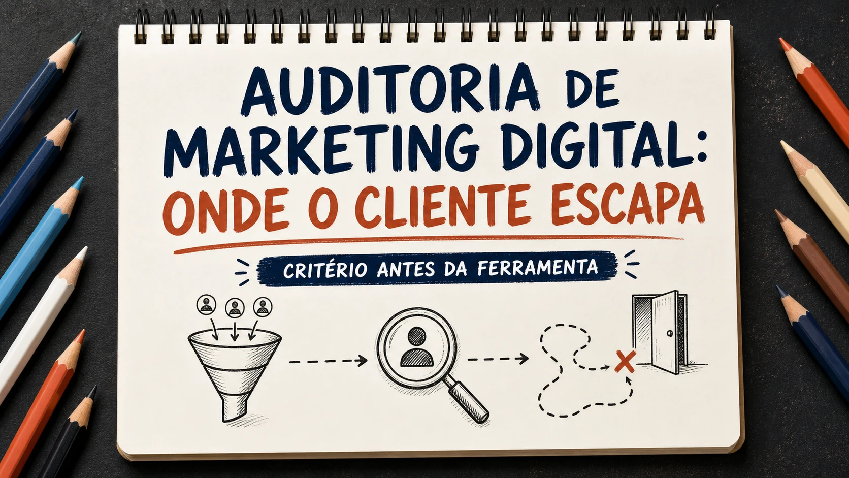 Auditoria de marketing digital organizado em uma capa editorial com critérios, canais e próximos passos.