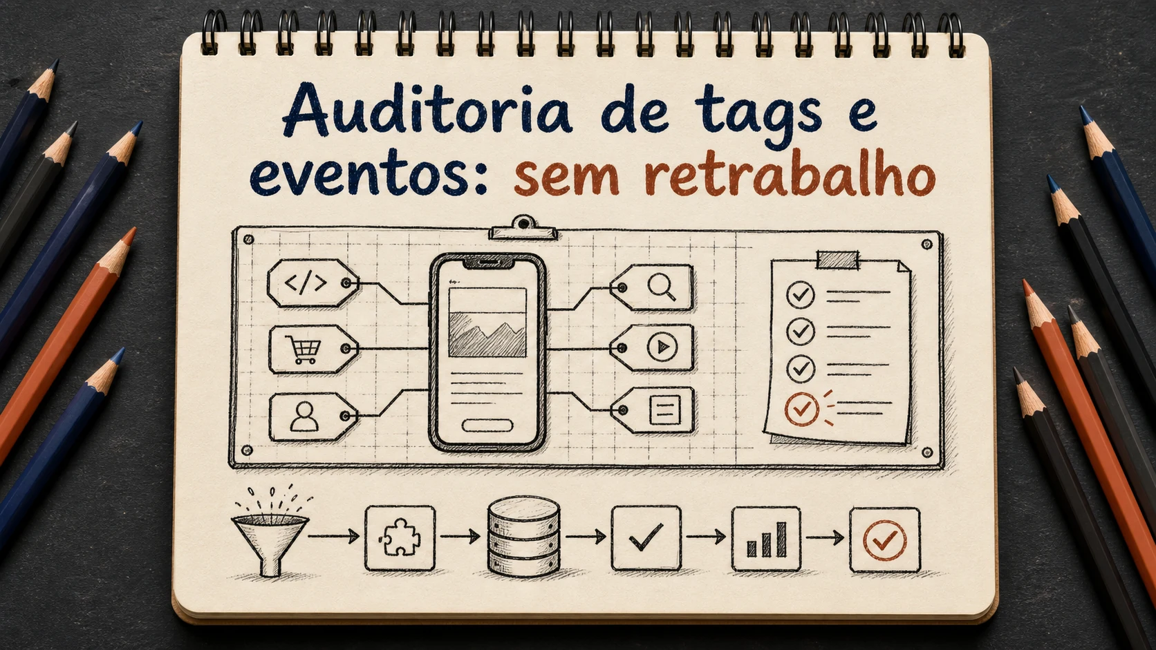 Auditoria de tags e eventos em uma cena editorial sobre diagnóstico, escolha e próximos passos.