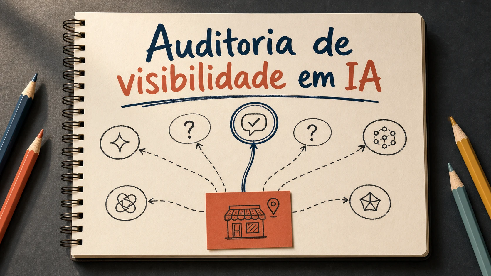 Auditoria de visibilidade em IA em uma cena editorial sobre diagnóstico, escolha e próximos passos.