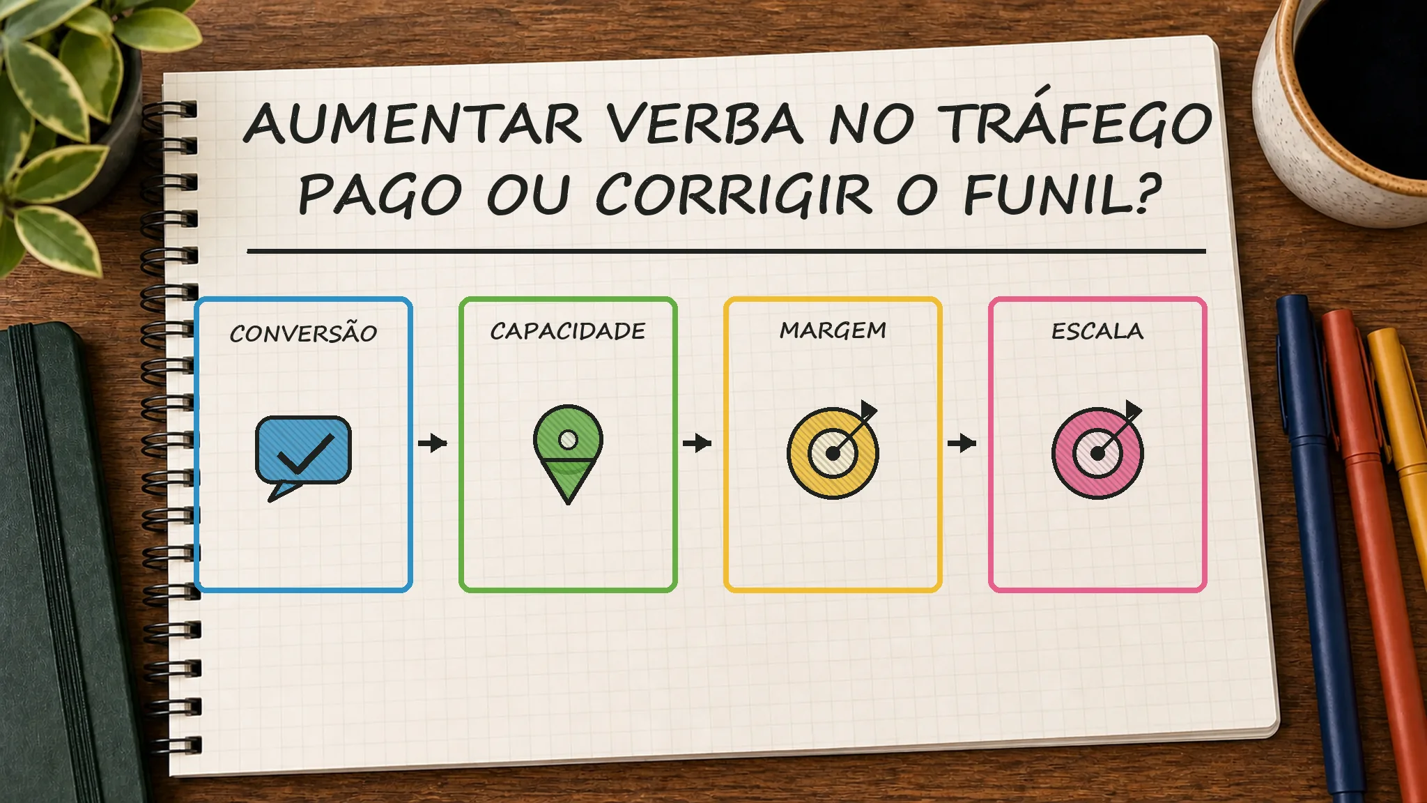 Caderno ilustrado sobre aumentar verba tráfego pago, mostrando conversão, capacidade, margem, escala
