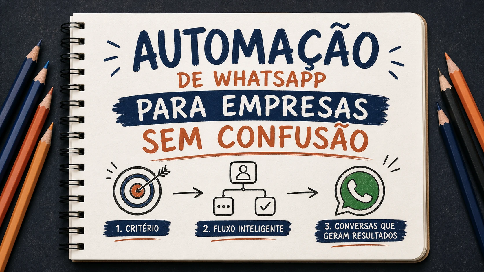 Automação de WhatsApp para empresas organizado em uma capa editorial com critérios, canais e próximos passos.