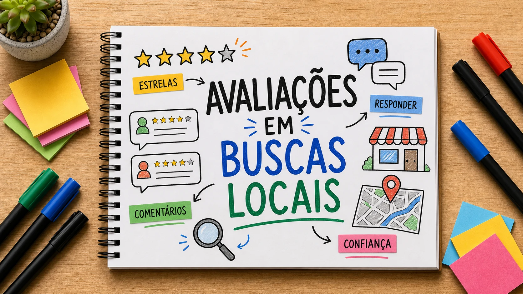 Caderno com avaliações em buscas locais e reputação online