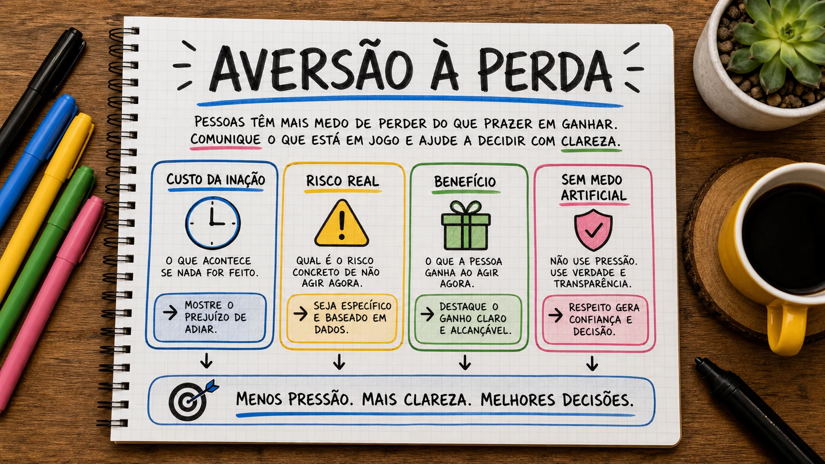 Aversão à perda marketing em uma cena editorial sobre decisão, mensagem e comportamento de compra.