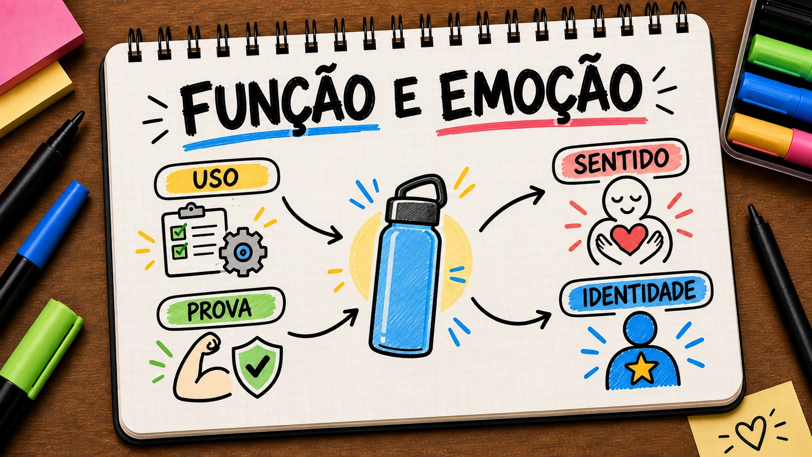 Benefícios funcionais e emocionais ligados a uso, prova, sentido e identidade