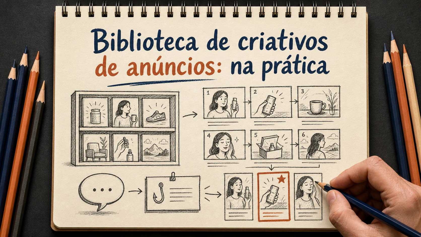 Biblioteca de criativos de anúncios em uma cena editorial sobre diagnóstico, escolha e próximos passos.