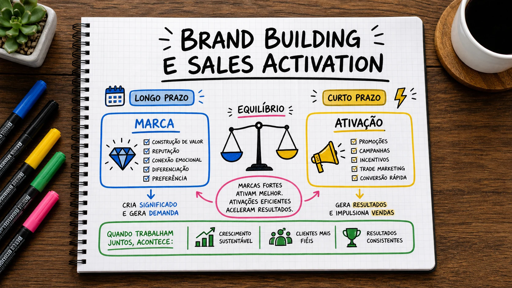 Brand building e sales activation Binet Field em uma cena editorial sobre decisão, mensagem e comportamento de compra.