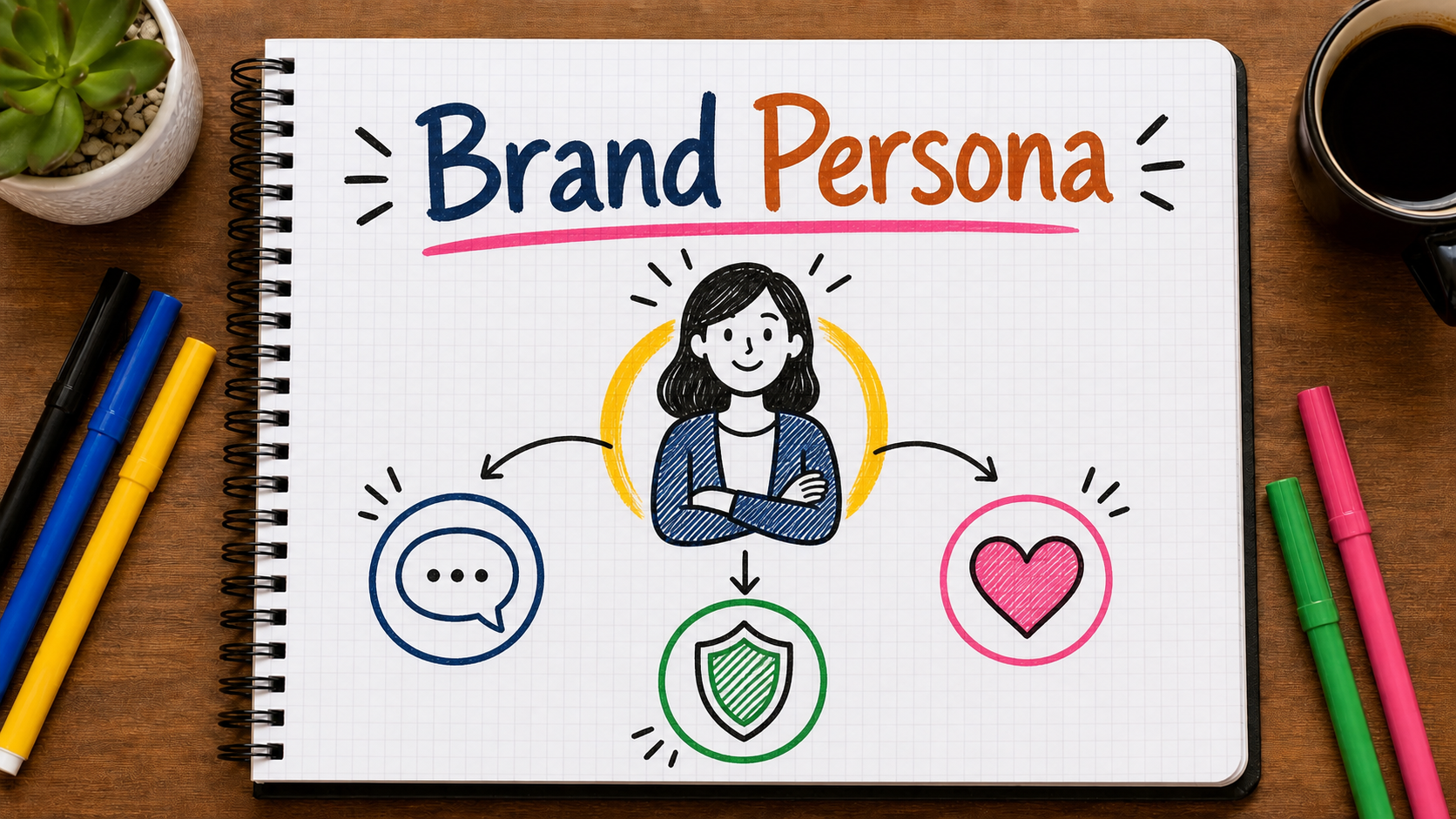 Caderno com mapa visual sobre brand persona aplicado à estratégia de marketing