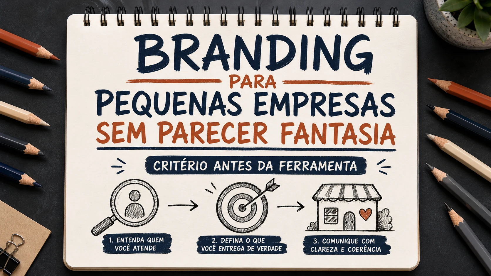 Branding para pequenas empresas organizado em uma capa editorial com critérios, canais e próximos passos.