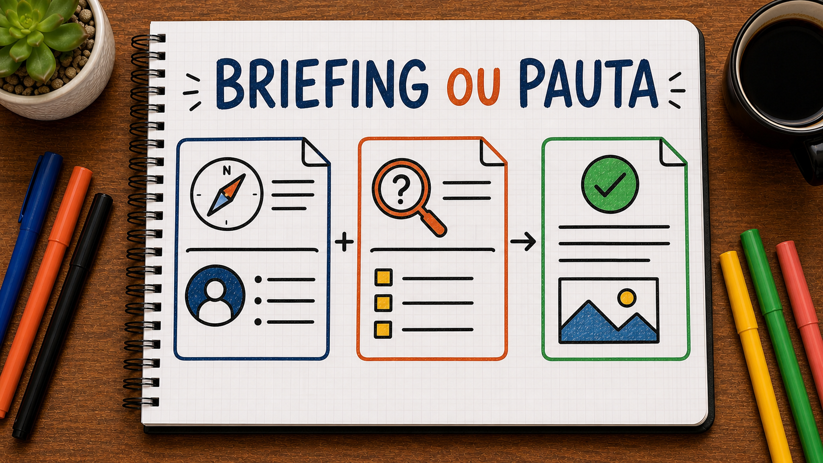 Caderno ilustrado sobre briefing editorial ou pauta, mostrando marca, público, pauta, entrega