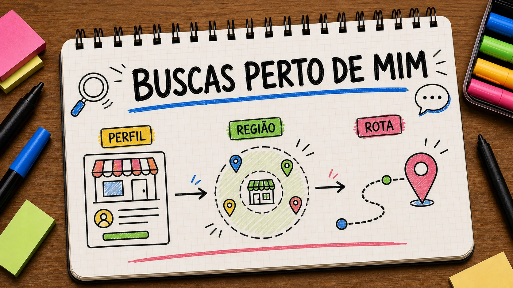 Caderno sketchnote com sinais de perfil, região e rota para buscas perto de mim