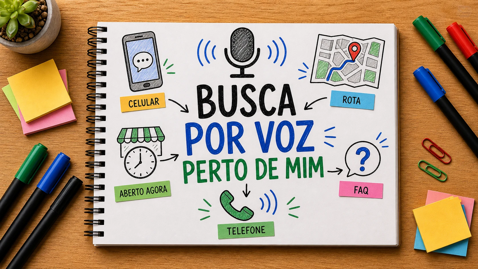 Caderno sobre busca por voz perto de mim e negócios locais