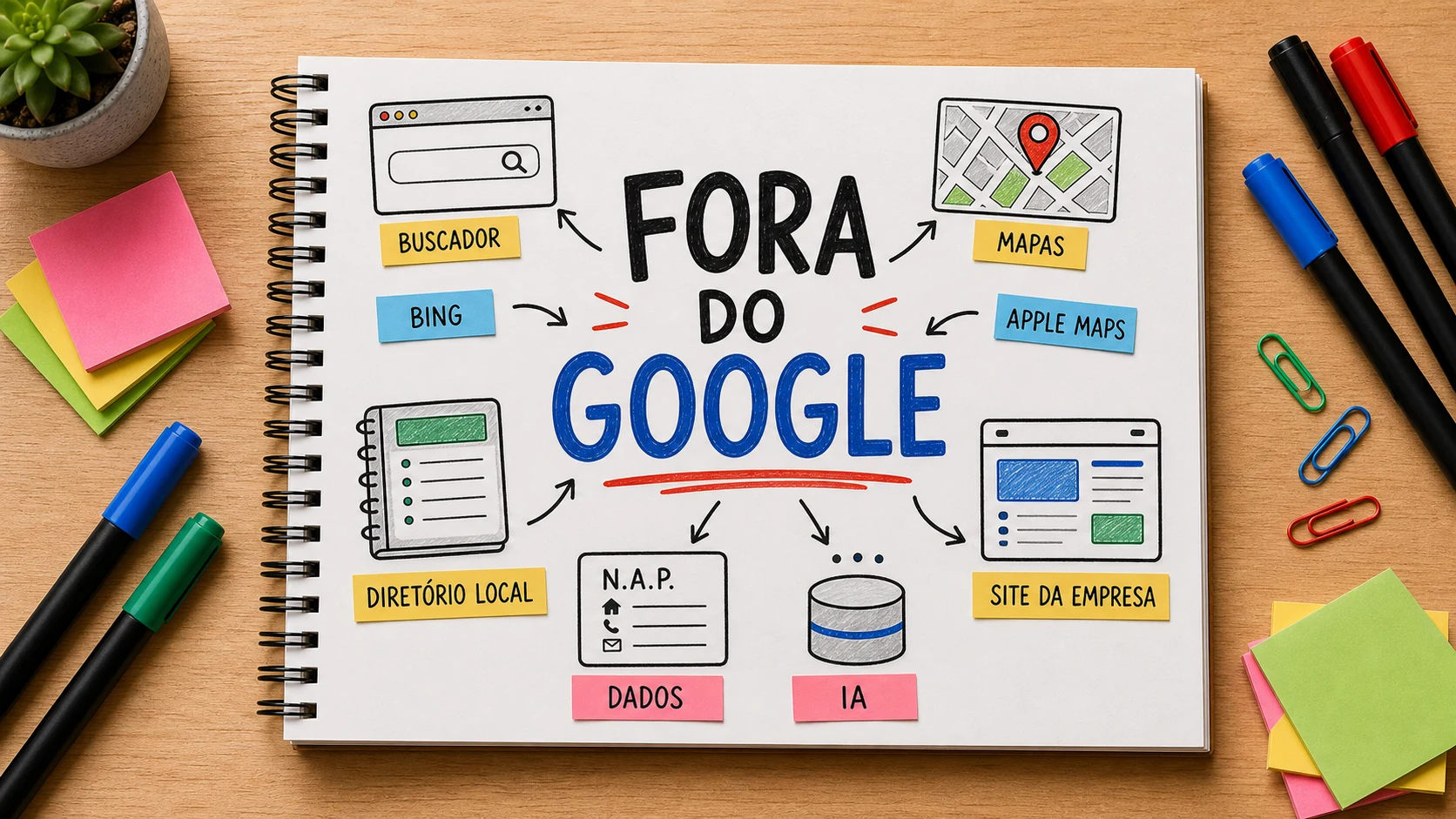 Caderno sobre aparecer em buscas locais fora do Google