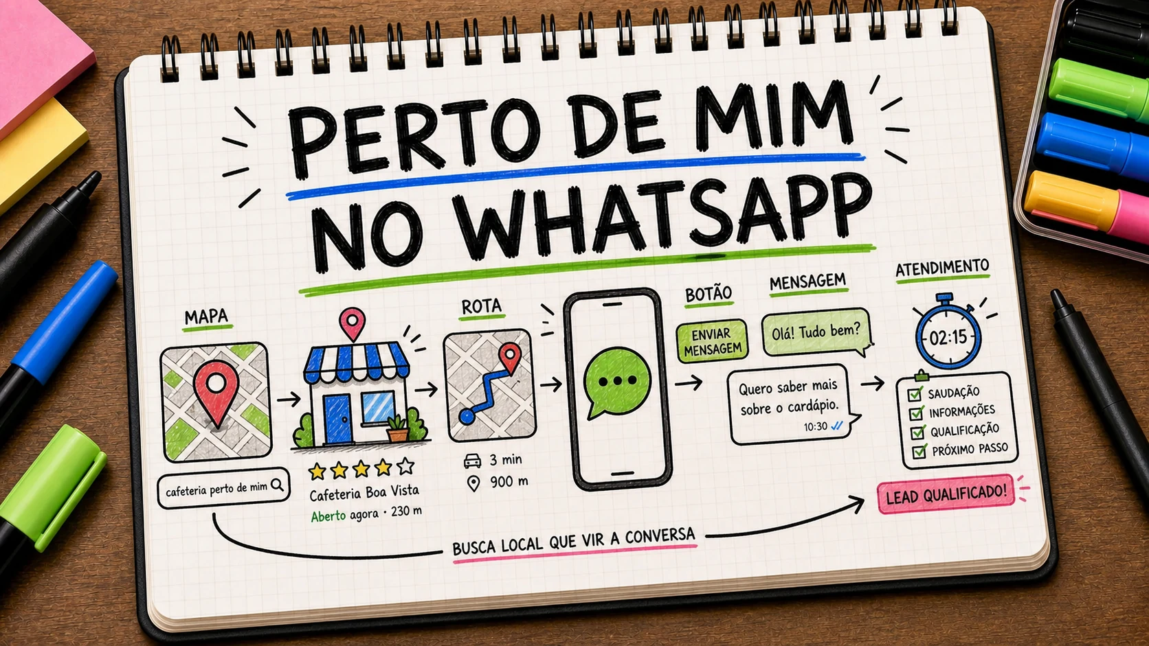 Caderno com mapa local, celular e conversa de WhatsApp para buscas perto de mim