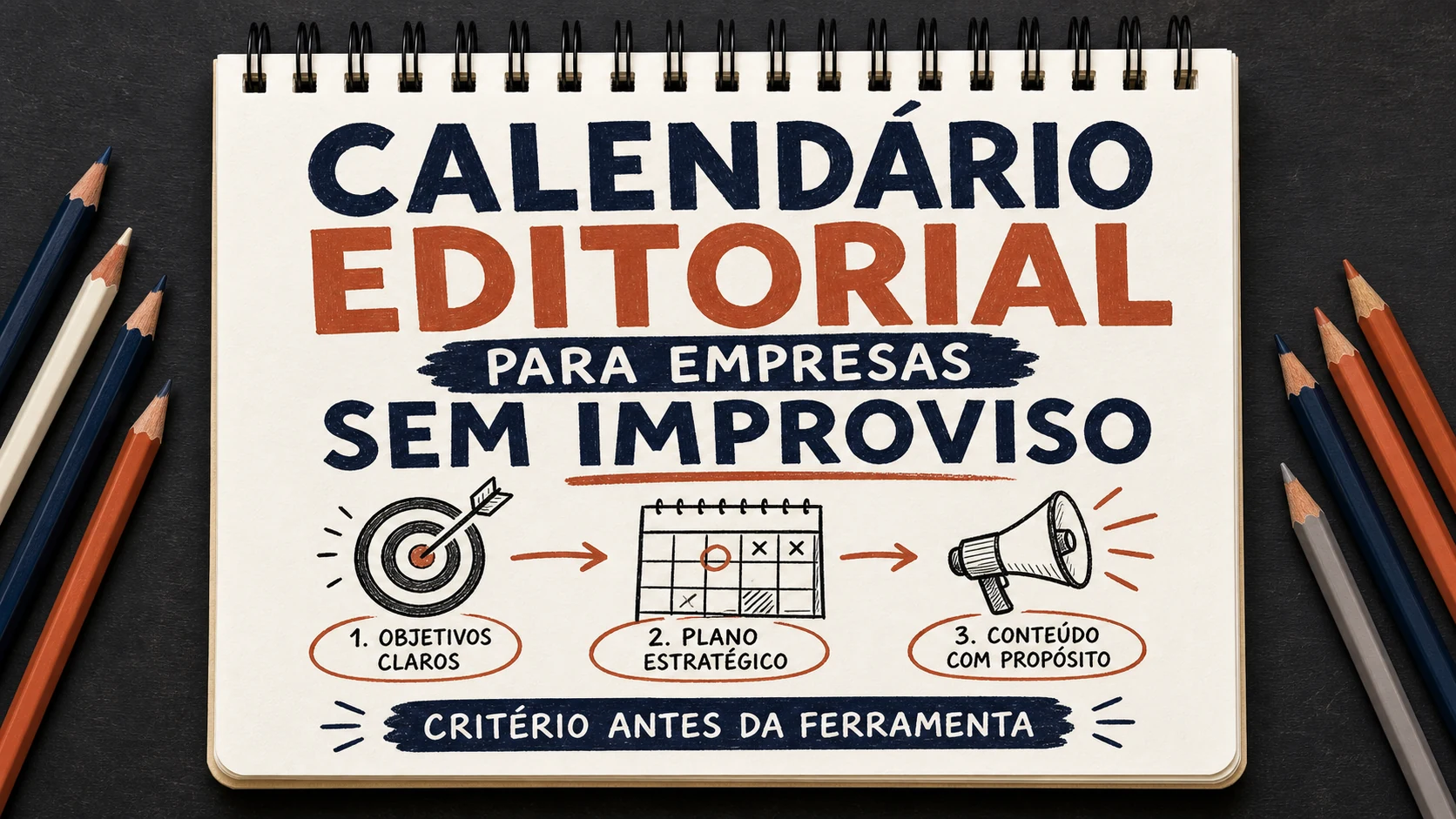 Calendário editorial para empresas organizado em uma capa editorial com critérios, canais e próximos passos.