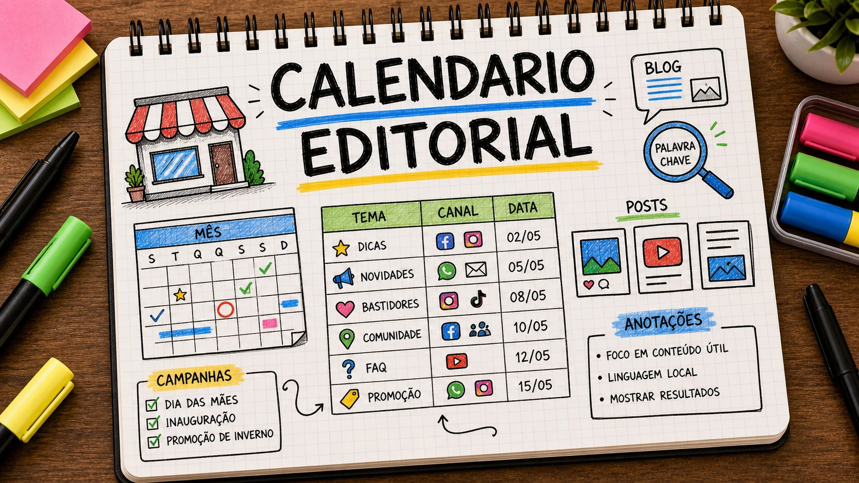 Calendário editorial com temas, canais, palavras-chave e datas de publicação
