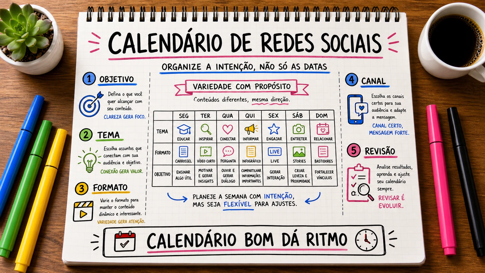 Calendário de redes sociais representado em uma cena editorial sobre escolha, contexto e decisão.