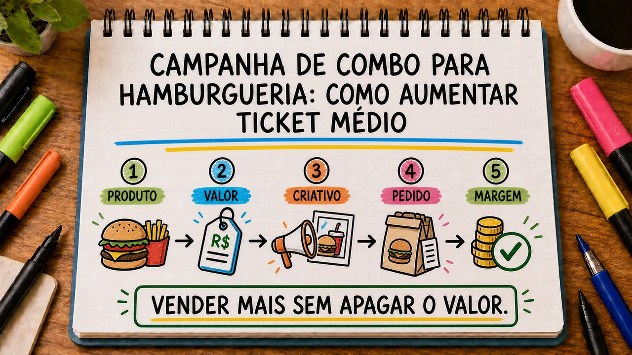 Composição editorial sobre campanha de combo para hamburgueria conectando campanha, atendimento e resultado