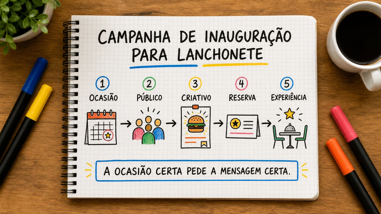 Composição editorial sobre campanha de inauguração para lanchonete conectando campanha, atendimento e resultado