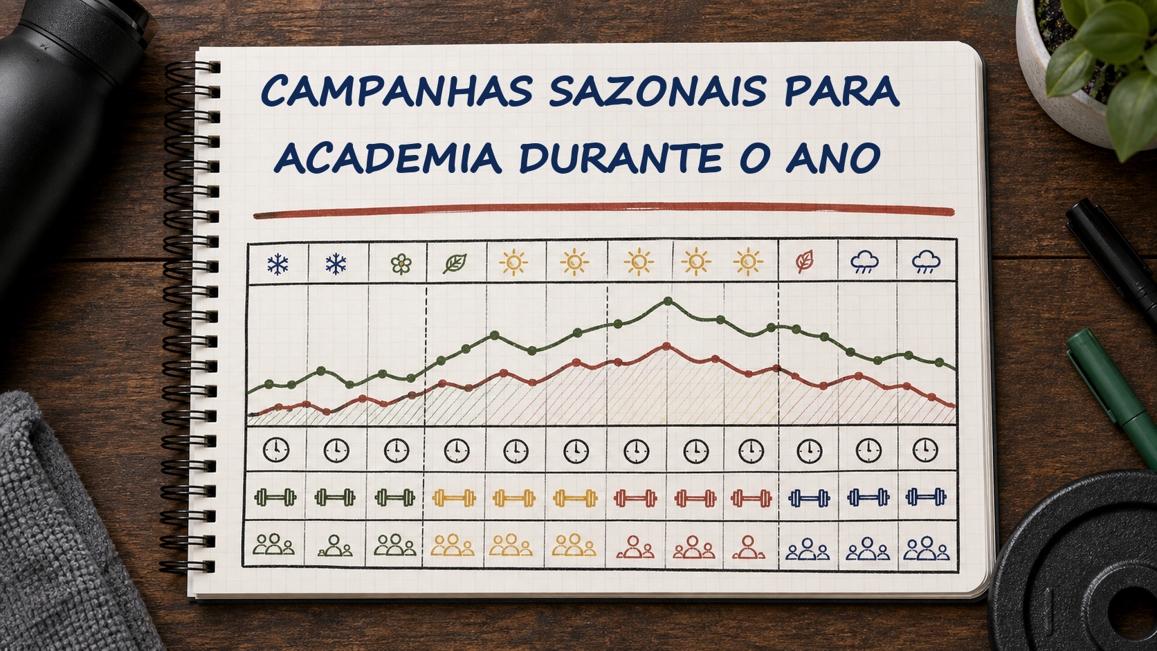 Caderno com guia visual sobre campanhas sazonais para academia para gestores de academias