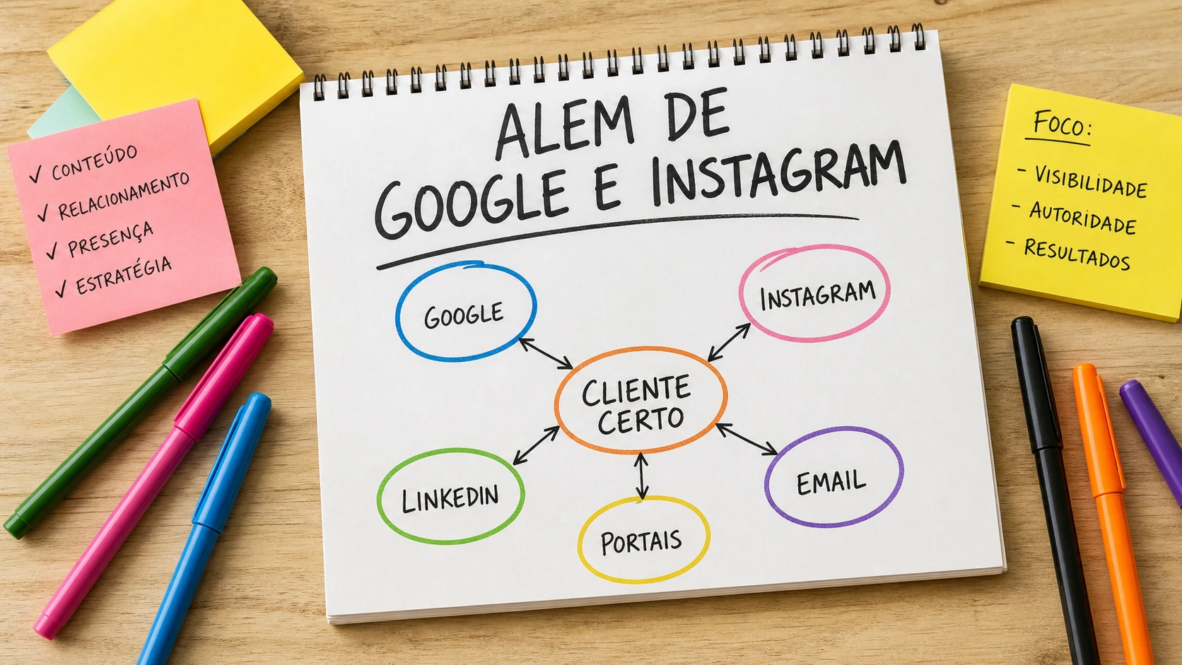 Caderno com mapa de canais digitais alem de Google e Instagram