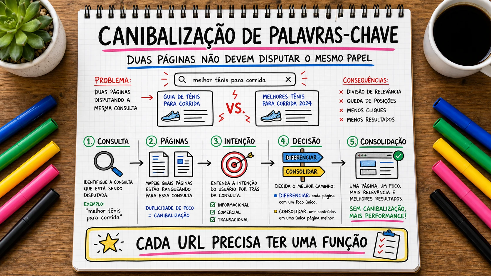 Canibalização de palavras-chave representado em uma cena editorial sobre escolha, contexto e decisão.
