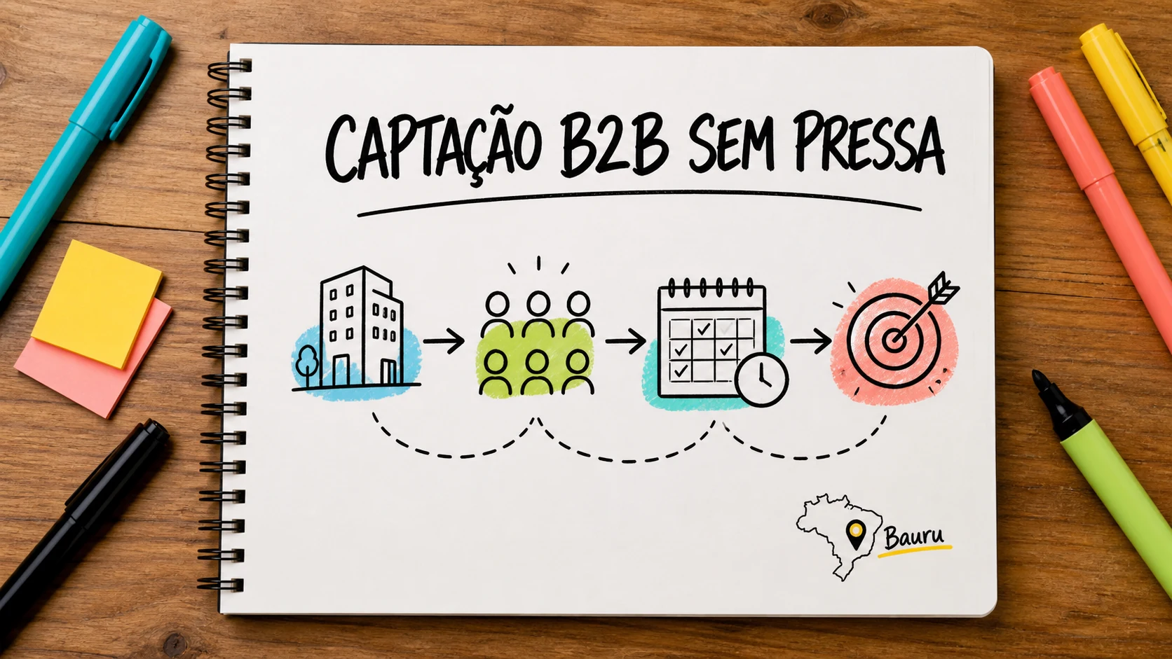 Caderno colorido com pessoas conectadas para captação B2B de corretoras