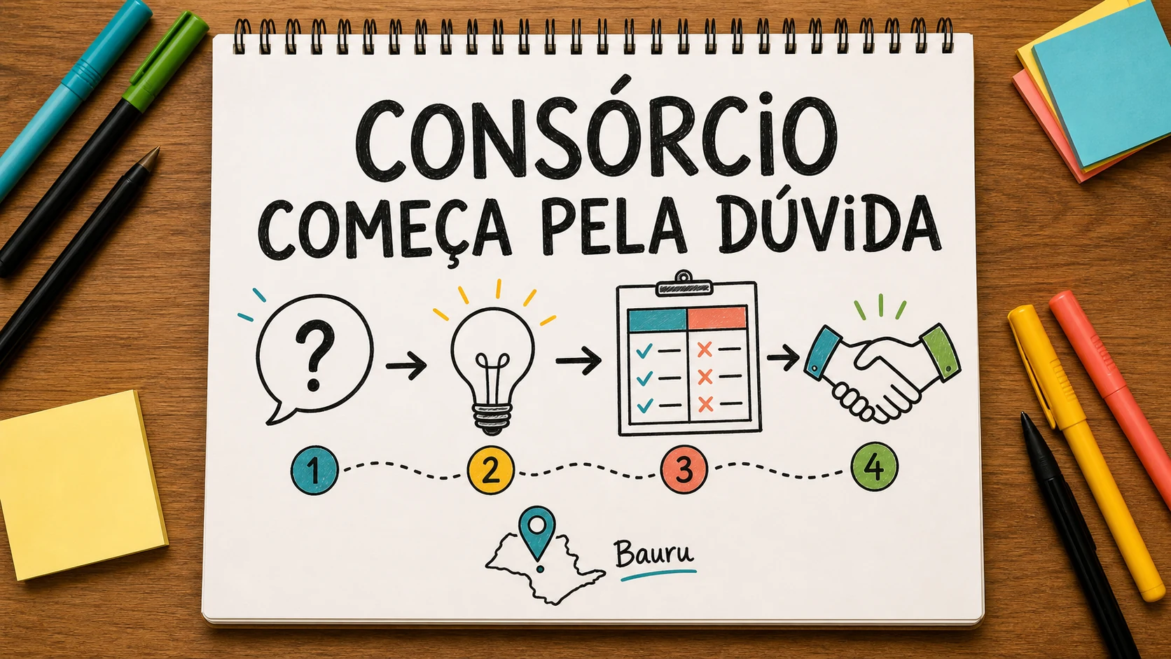 Caderno colorido com peças de consórcio organizadas para captação de clientes