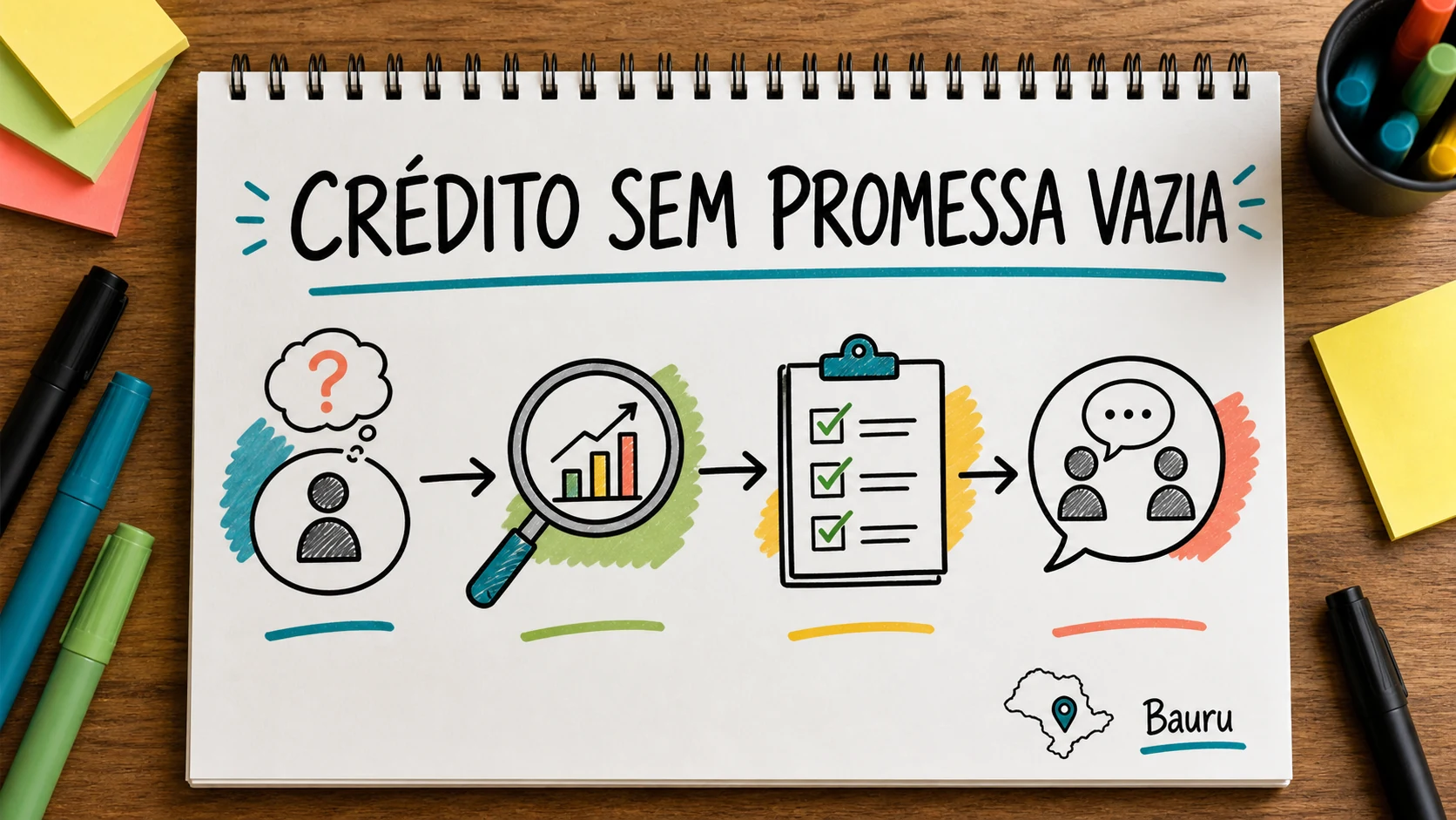 Caderno colorido com documentos e critérios para captação de corretora de crédito
