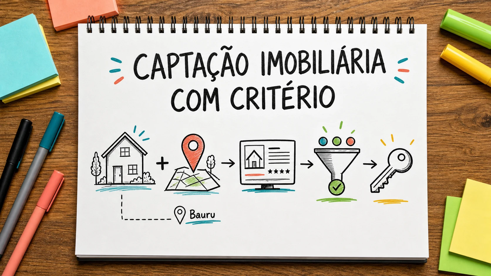Caderno colorido com casas e filtros de busca para captação de corretora imobiliária