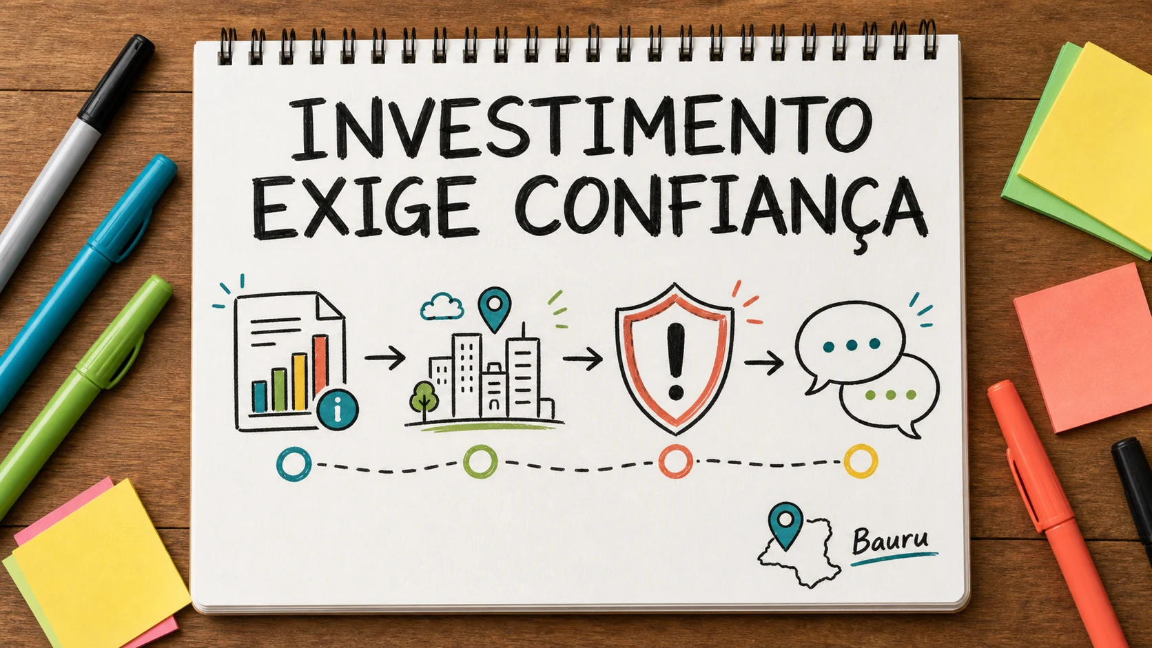 Caderno colorido com uma bússola e gráficos simples para captação de corretora de investimentos