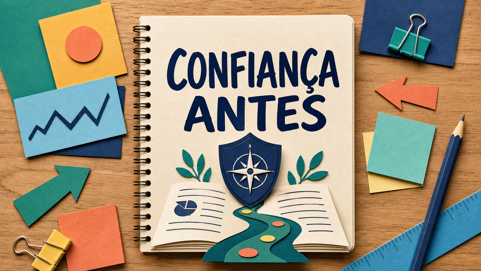 Caderno colorido com uma bússola e gráficos simples para captação de corretora de investimentos