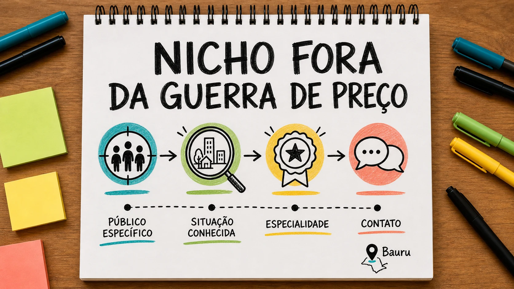 Caderno colorido com uma lupa destacando um nicho para captação de corretora