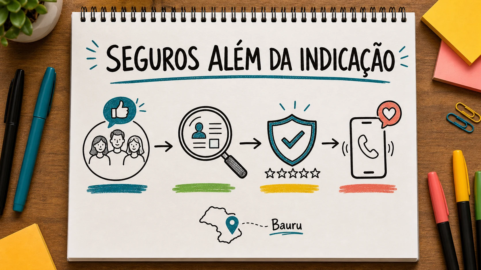 Caderno colorido com um caminho de indicações para captação de clientes em corretora de seguros
