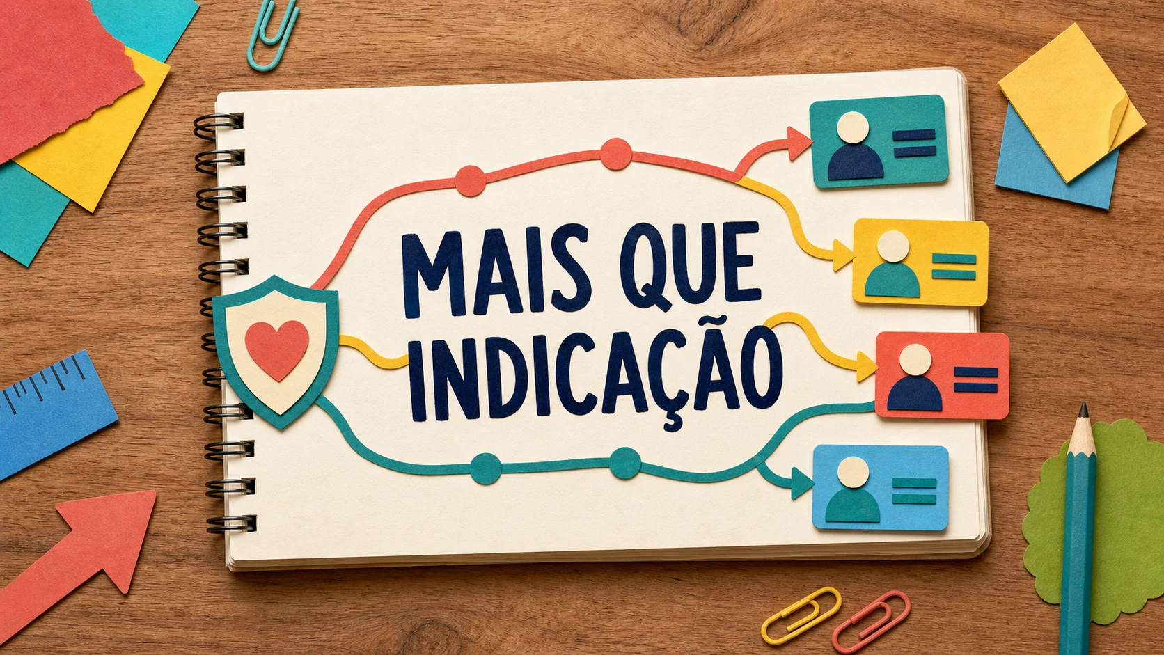 Caderno colorido com um caminho de indicações para captação de clientes em corretora de seguros