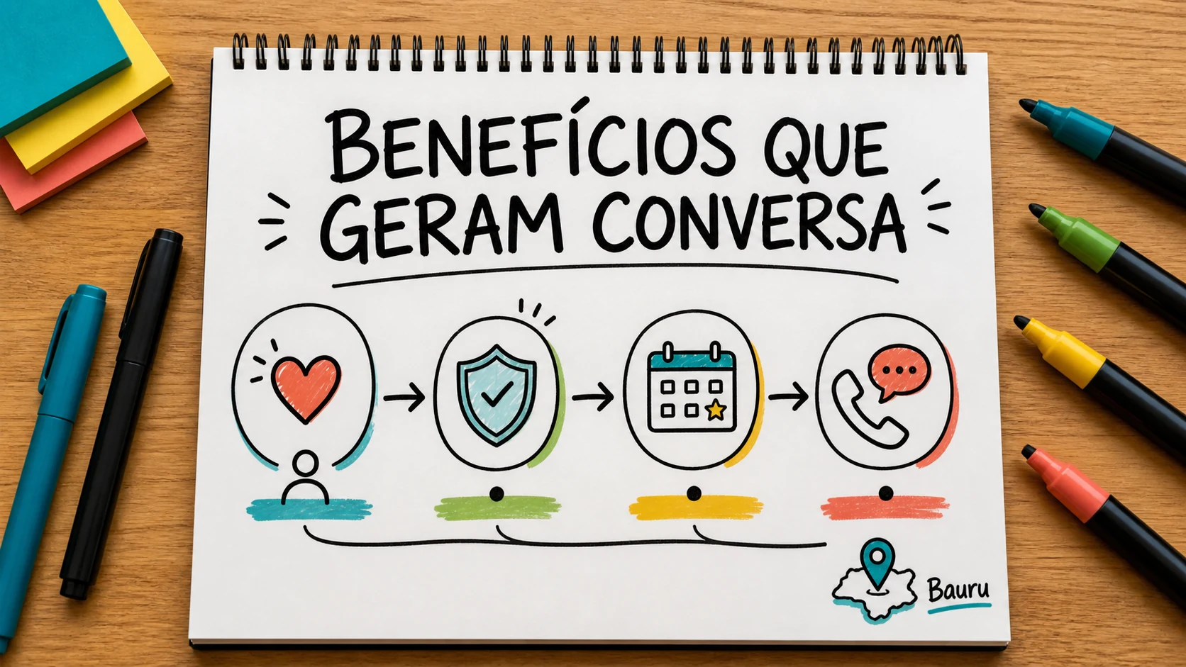 Caderno colorido com cartões de benefícios e orientação para captação de clientes