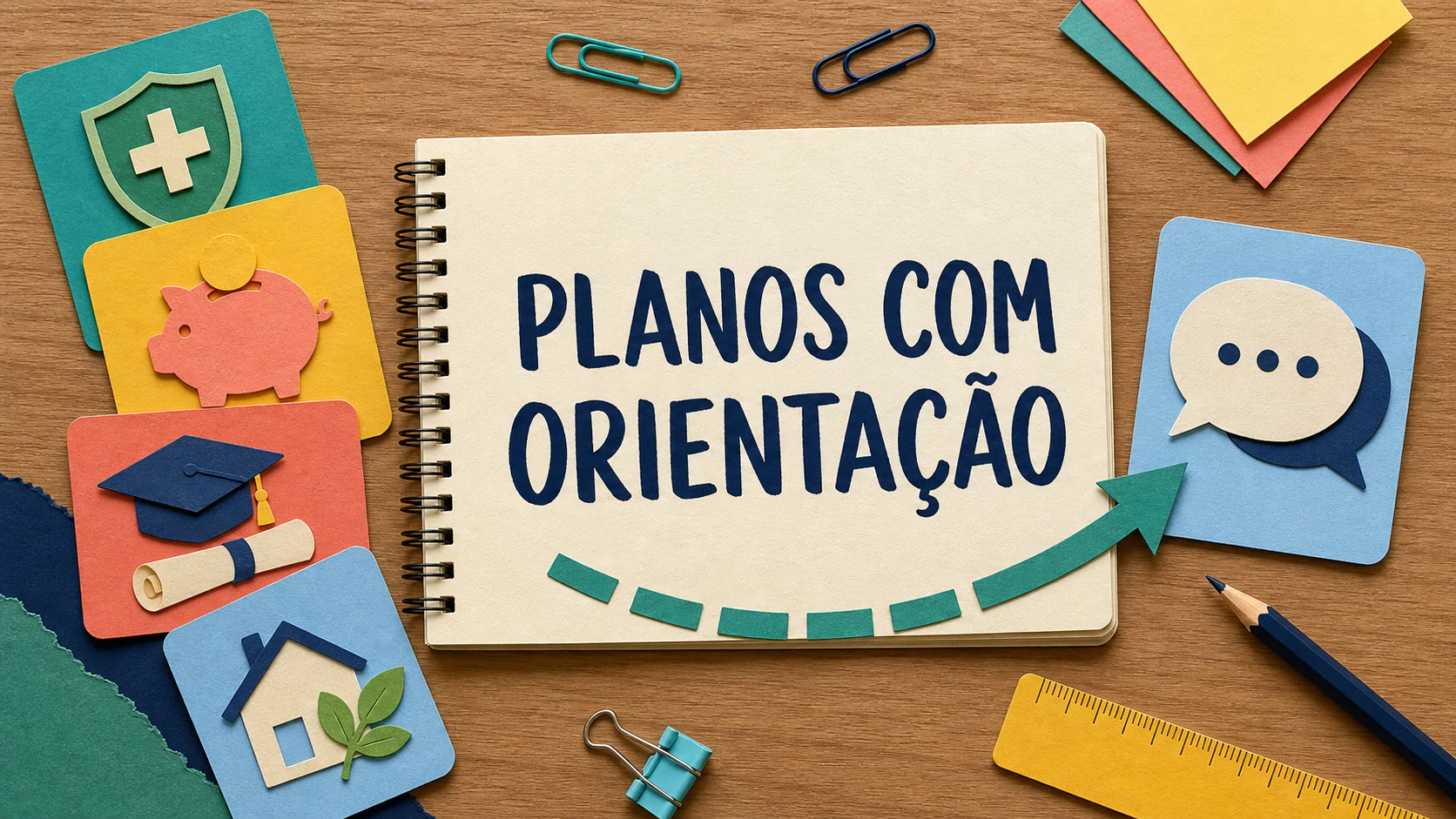 Caderno colorido com cartões de benefícios e orientação para captação de clientes
