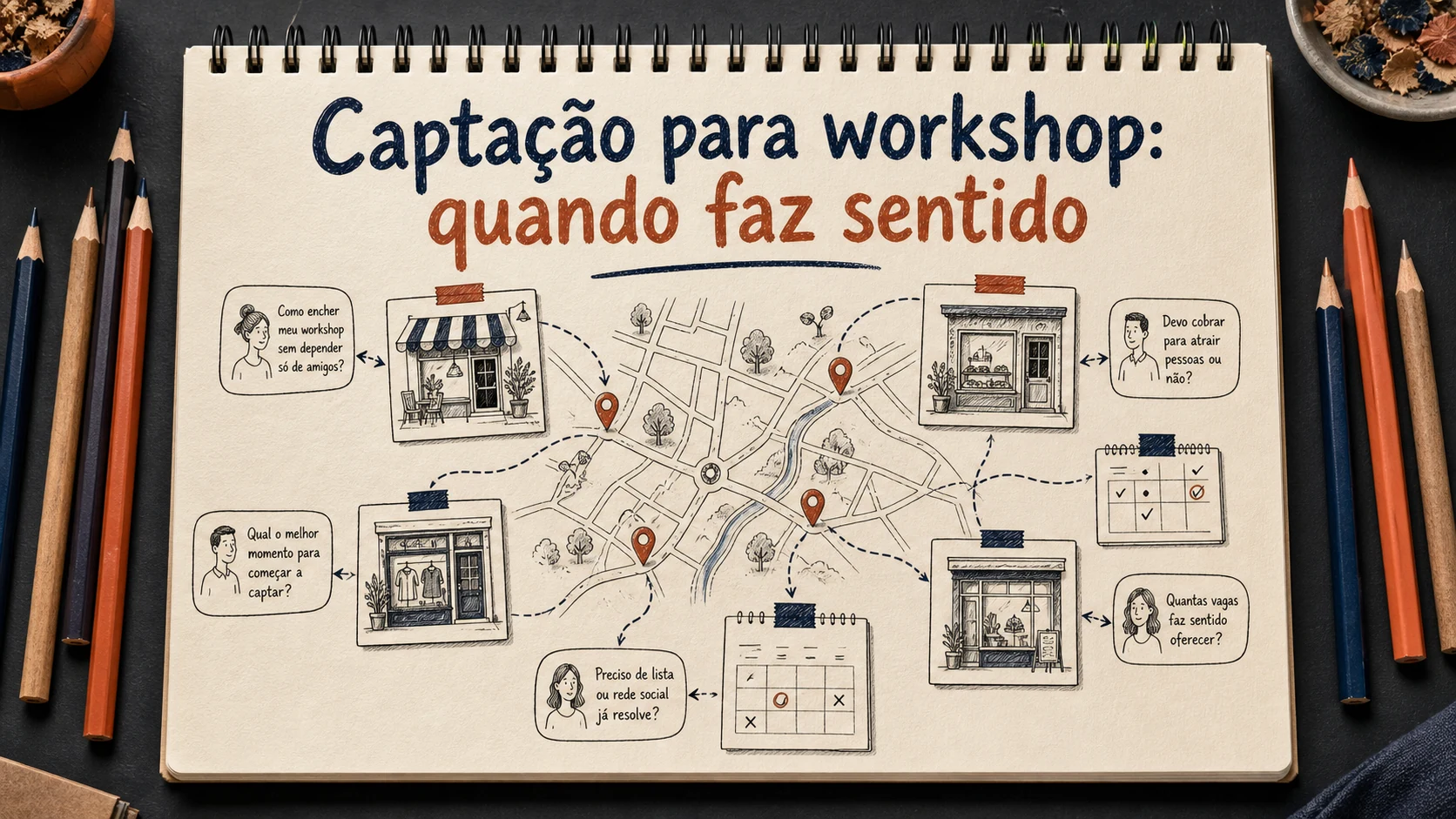 Captação para workshop em uma cena editorial sobre diagnóstico, escolha e próximos passos.