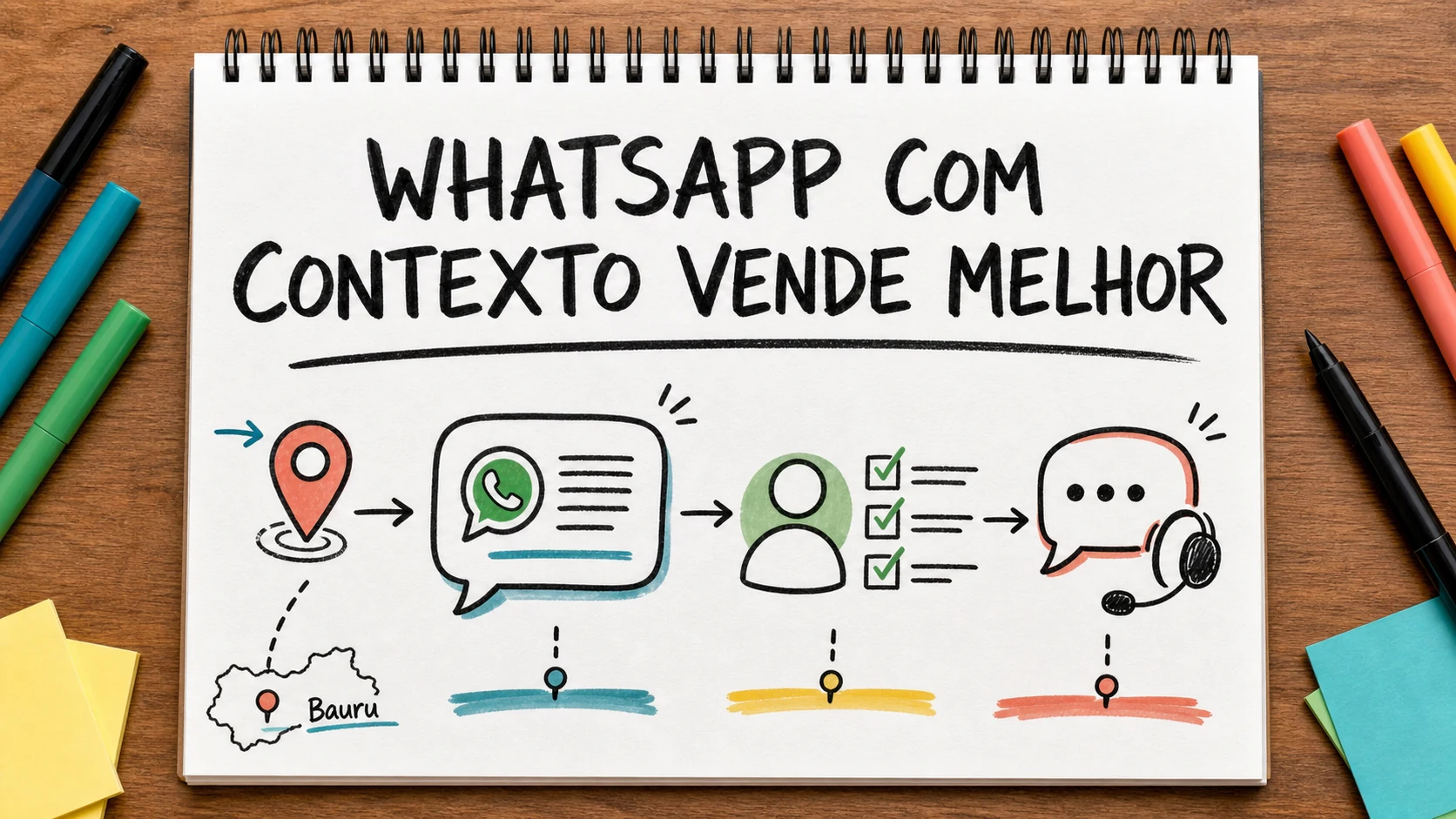 Caderno colorido com mensagens organizadas para captação de clientes de corretora pelo WhatsApp