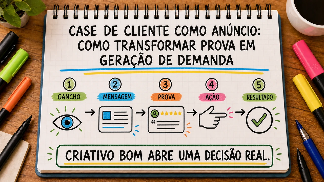 Composição editorial sobre case de cliente como anúncio conectando campanha, atendimento e resultado