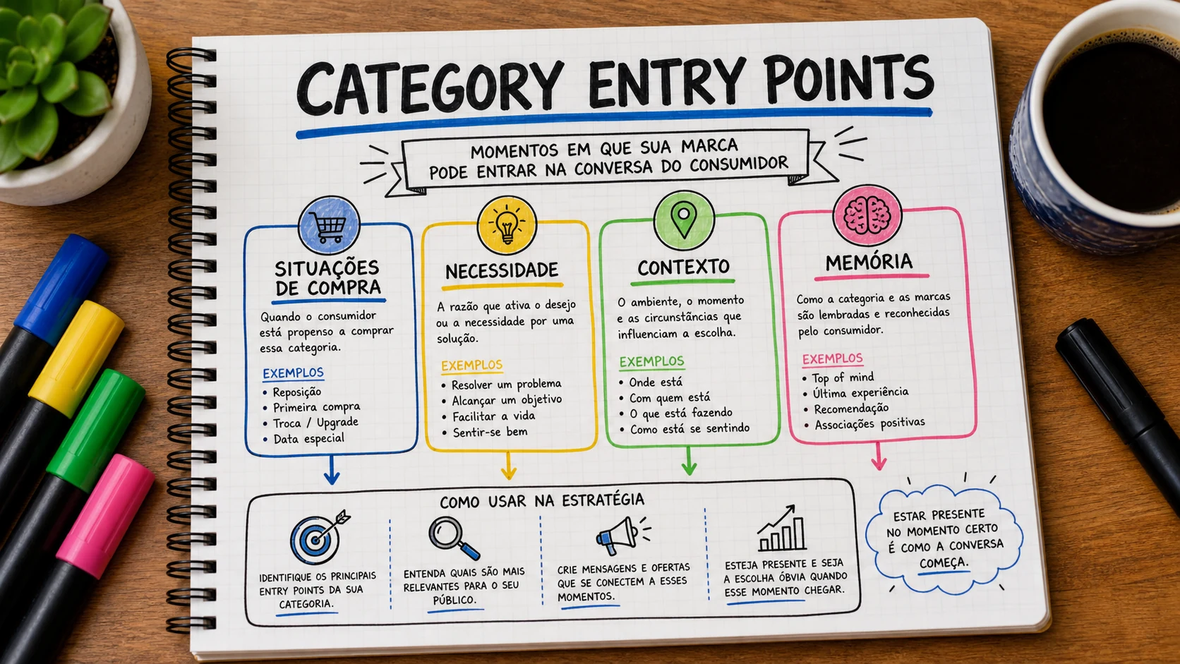 Category Entry Points marketing em uma cena editorial sobre decisão, mensagem e comportamento de compra.