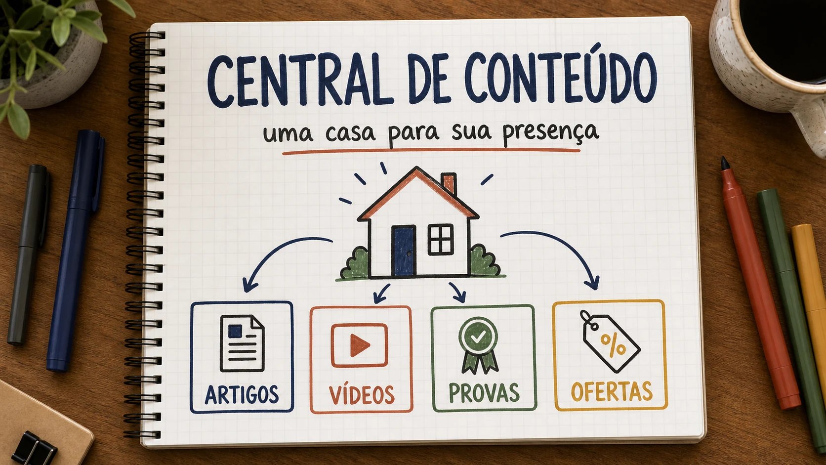 Caderno ilustrado mostrando site, artigos, vídeos e provas reunidos em uma central própria.