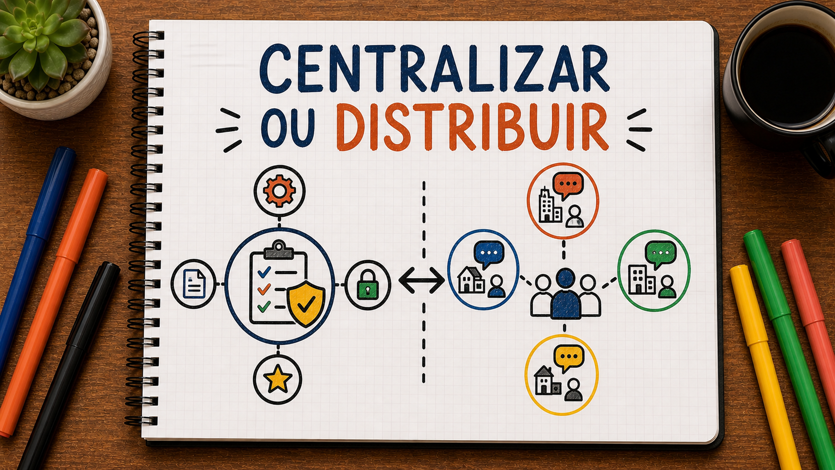Caderno ilustrado sobre centralizar ou descentralizar conteúdo, mostrando centro, áreas, padrão, contexto