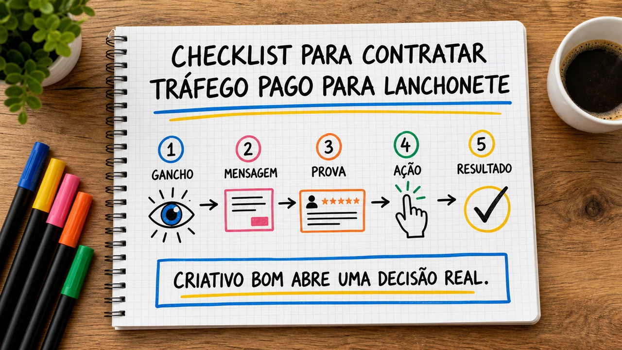 Composição editorial sobre checklist para contratar tráfego pago para lanchonete conectando campanha, atendimento e resultado