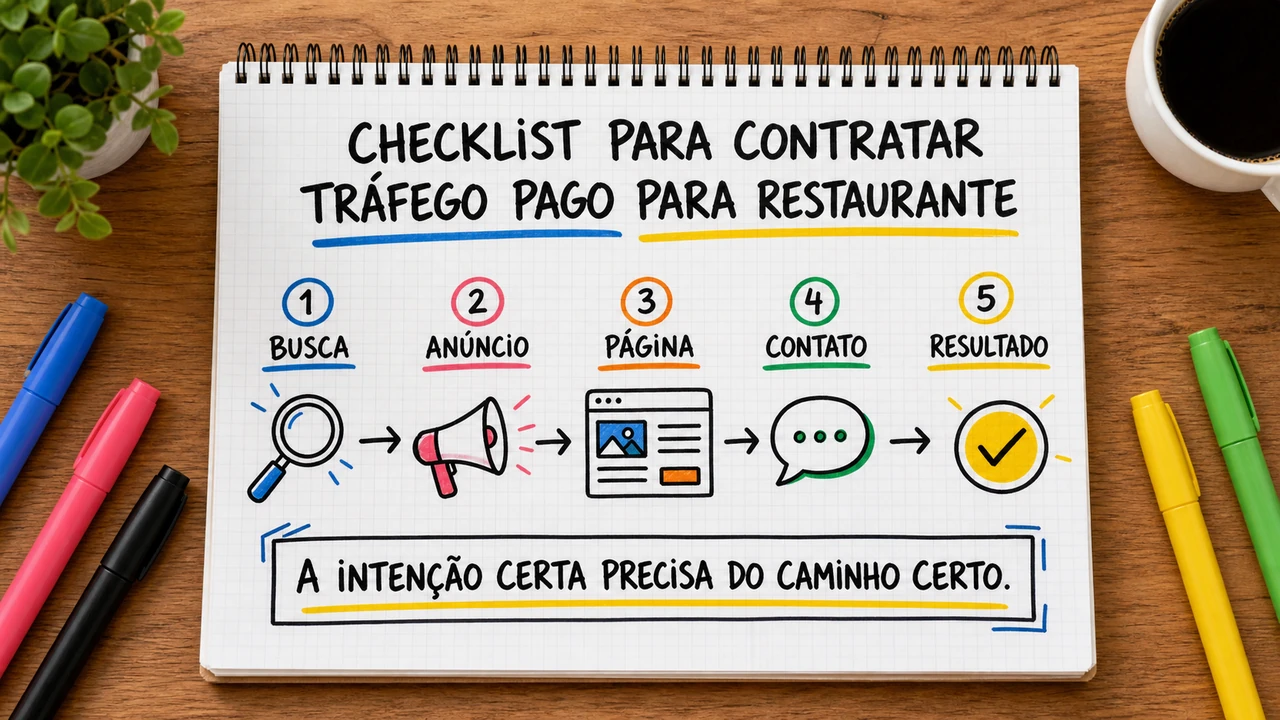 Composição editorial sobre checklist para contratar tráfego pago para restaurante conectando campanha, atendimento e resultado