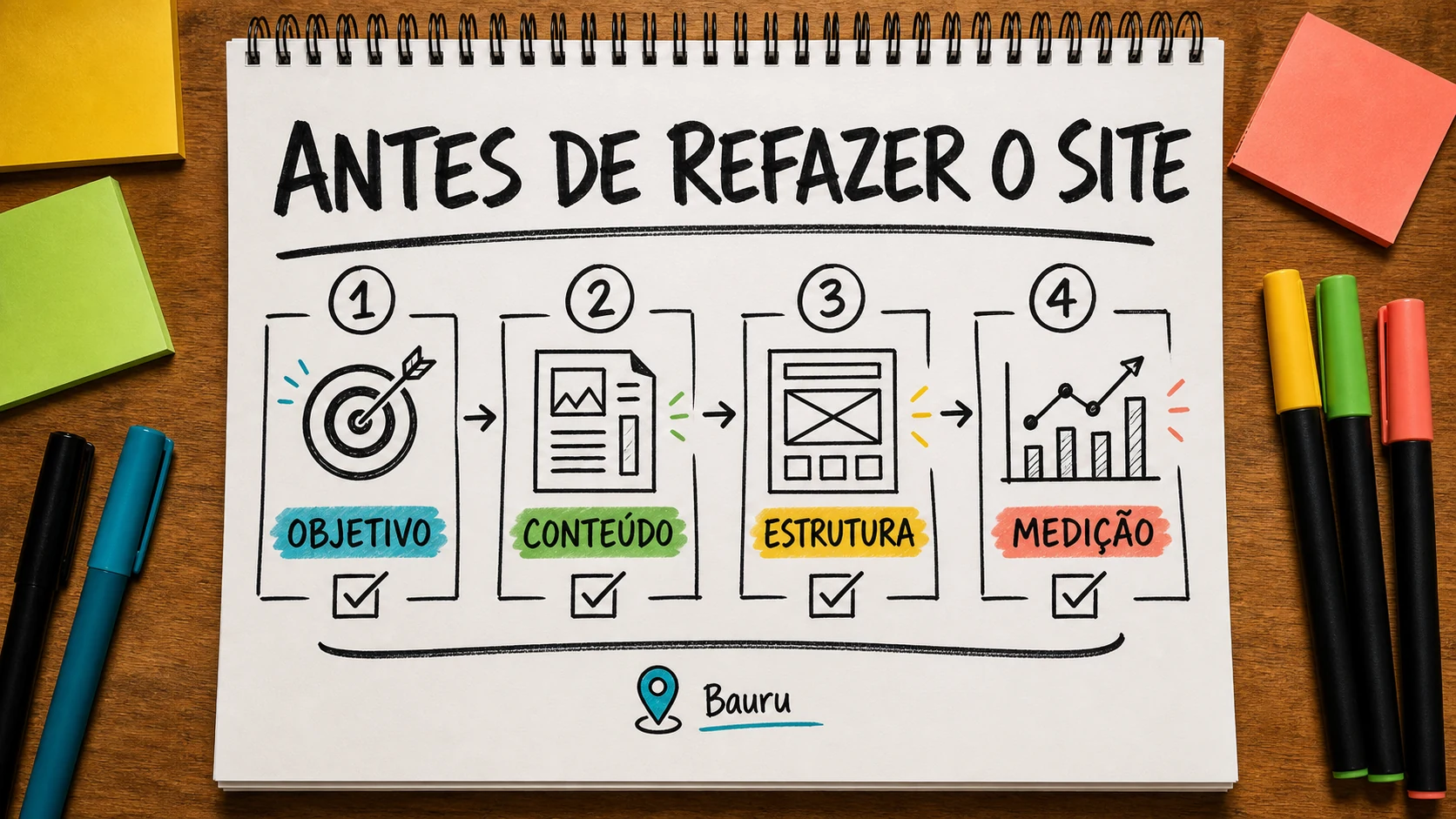 Caderno colorido traz checklist de conteúdo, tecnologia e contatos do site