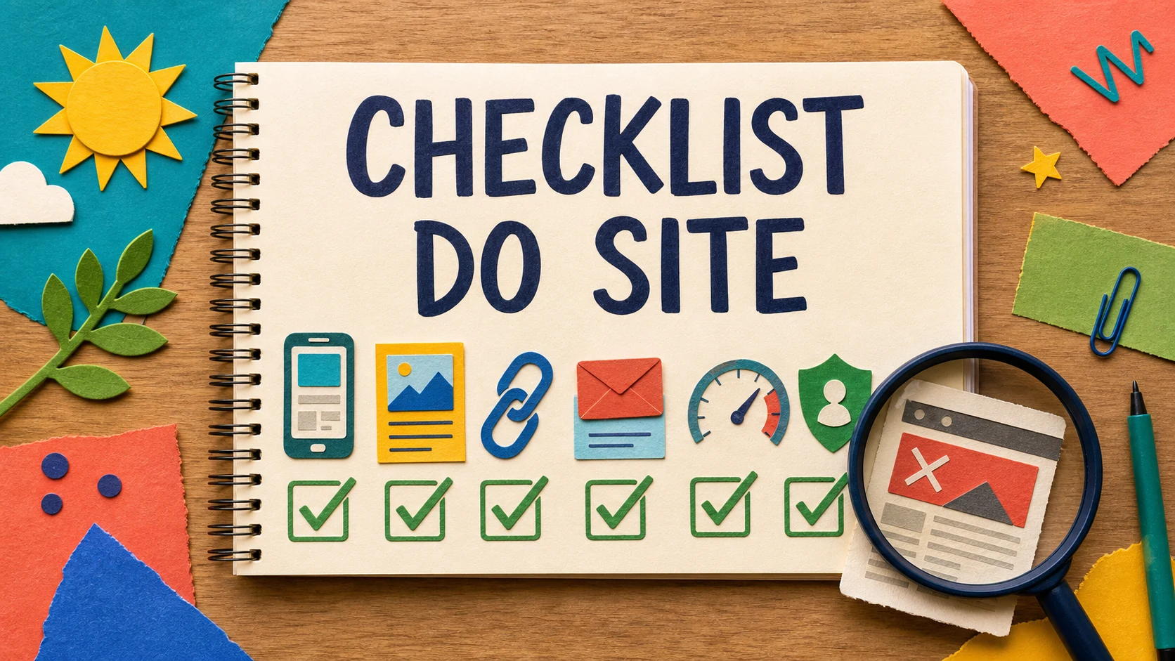 Caderno colorido traz checklist de conteúdo, tecnologia e contatos do site