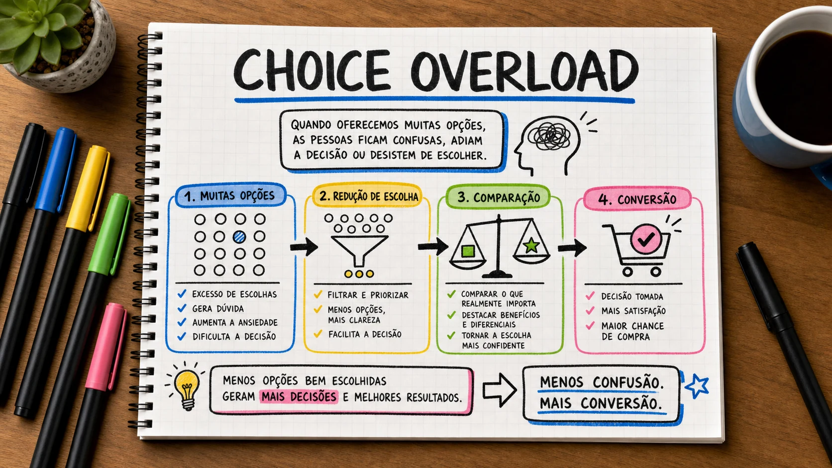 Choice overload marketing em uma cena editorial sobre decisão, mensagem e comportamento de compra.