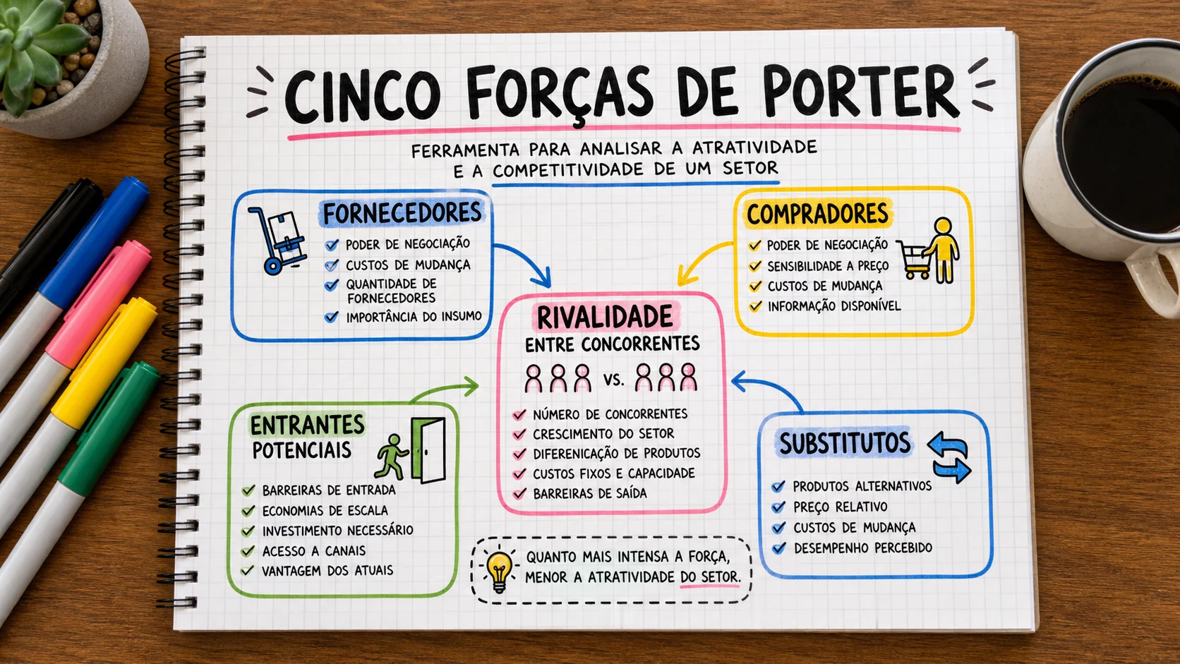 Cinco Forças de Porter marketing em uma cena editorial sobre decisão, mensagem e comportamento de compra.