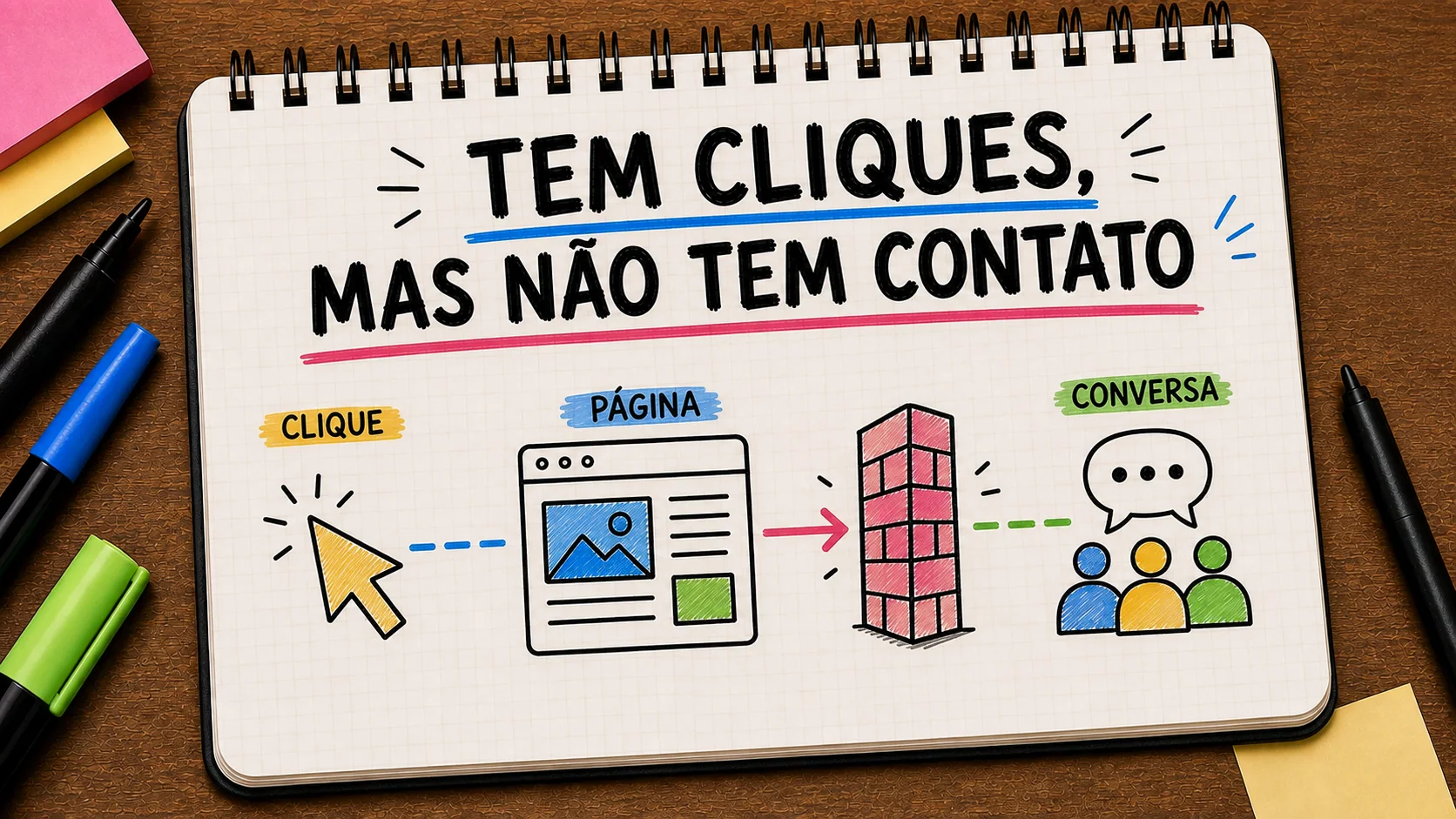 anúncio recebe cliques mas ninguém entra em contato representado como caminho entre anúncio, contato e